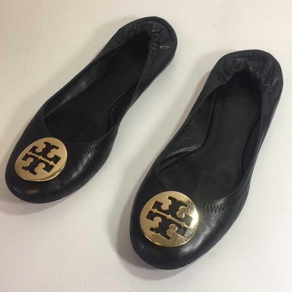 Tory Burch Shoes - Tory Burch Reva black leather gold ballet flats 8